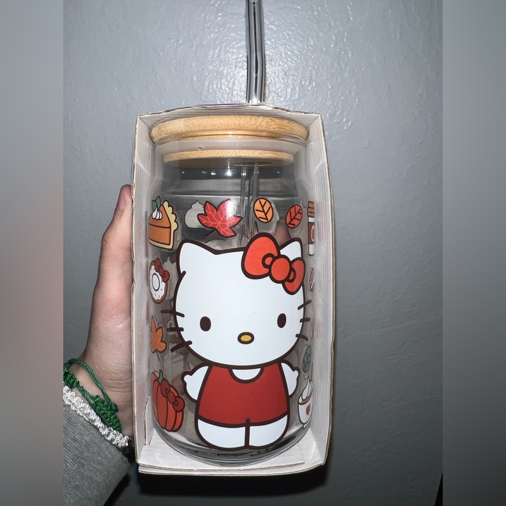 Hello Kitty fall pumpkin tumbler clear glass cup with straw